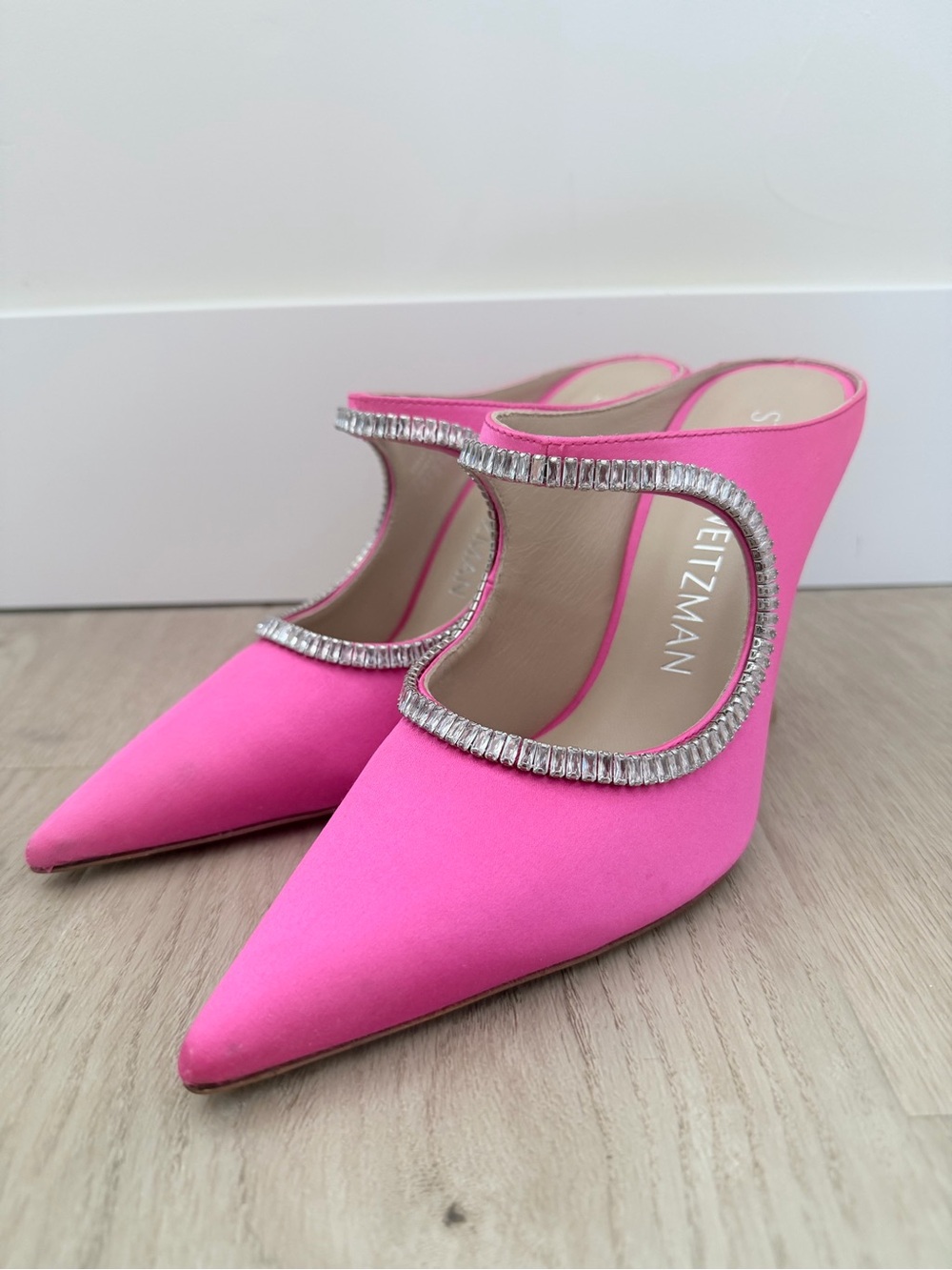 Stuart Weitzman Pink Crystal-Trim Pointed Mule Heels